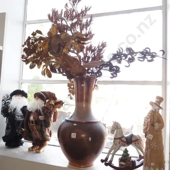 large copper ewer vase, faux flowers H500