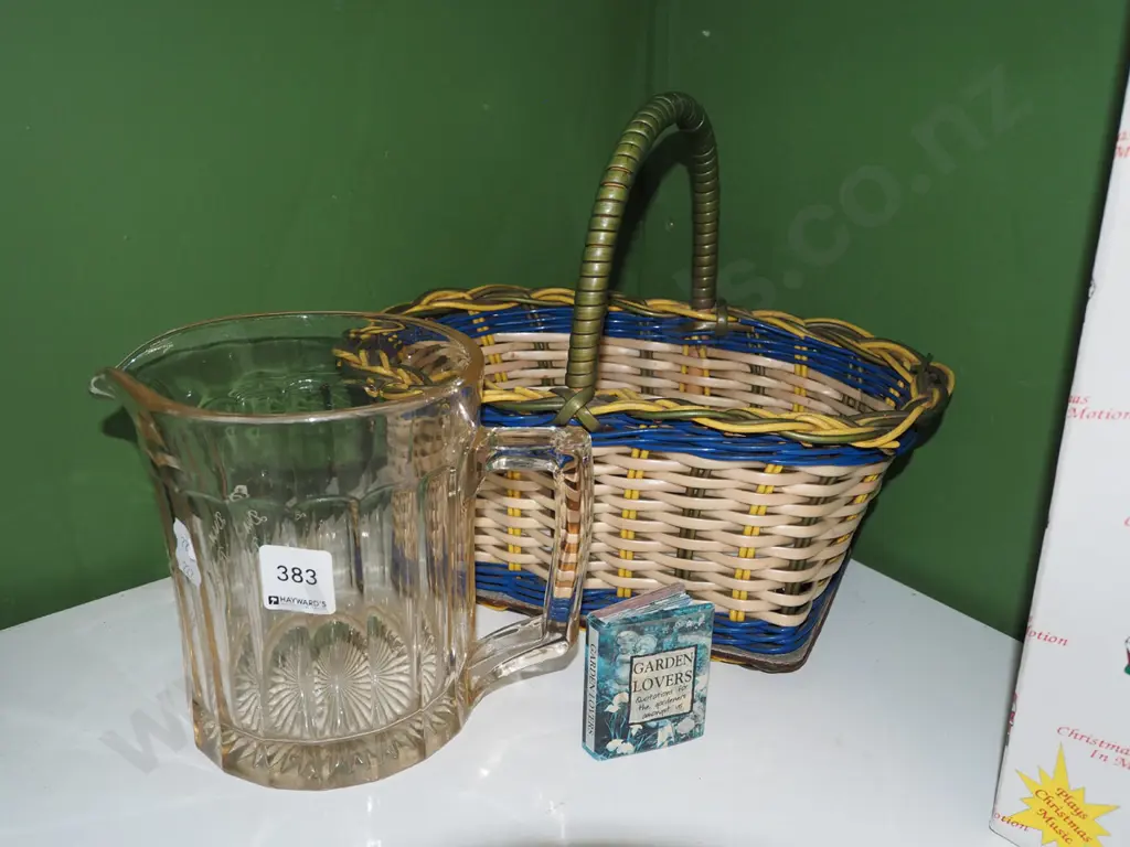 Dunedin Brewery glass jug, woven plastic basket Image 1++