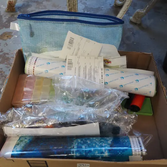 box of crafting items;  Fashion Diamond Painting plastic rhinestone kits and accessories