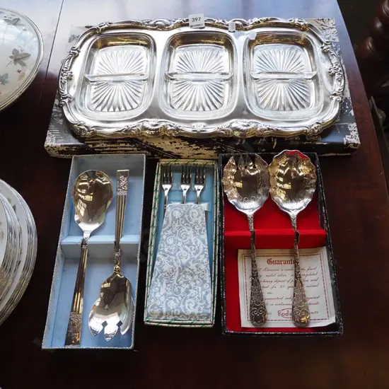 3x sets of cased cutlery, glass and plated tray