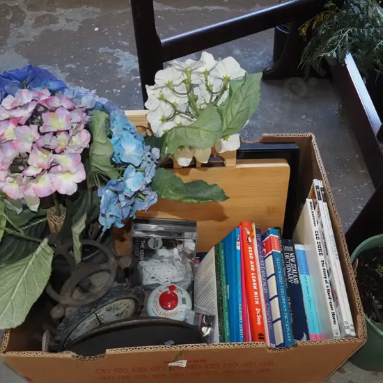 box; faux flowers, vintage scales, cheese board etc