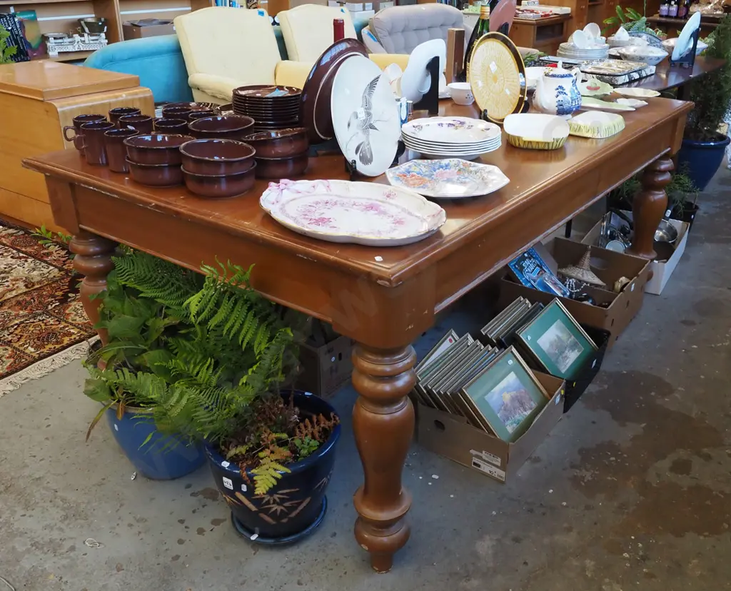 solid rimu turned leg dining table H790 W1800 D1100 - some stains Image 1++