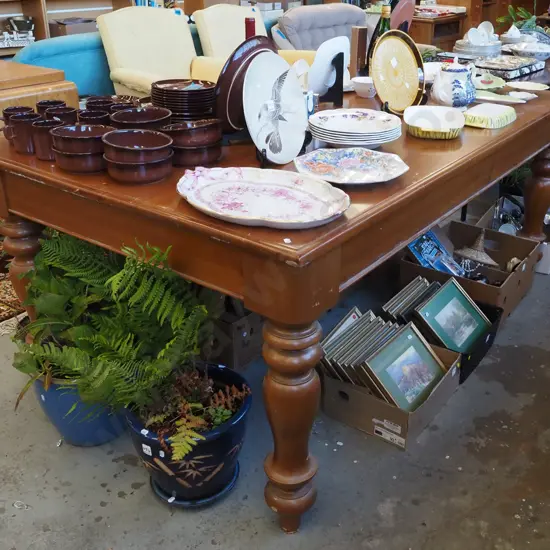 solid rimu turned leg dining table H790 W1800 D1100 - some stains