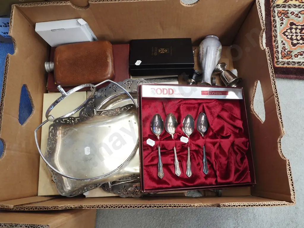 box; cutlery, plated ware, hip flask etc Image 1++