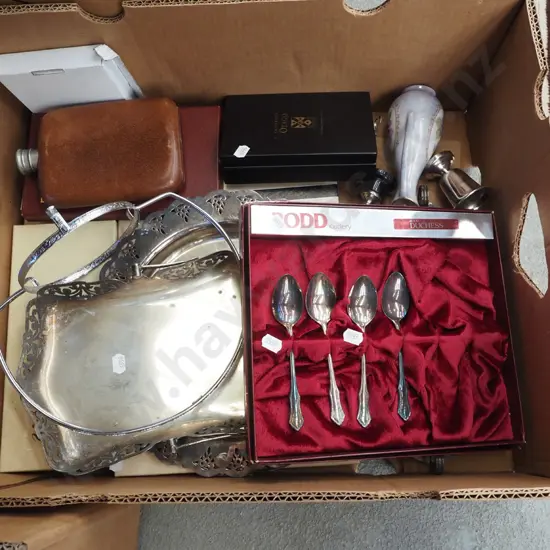 box; cutlery, plated ware, hip flask etc