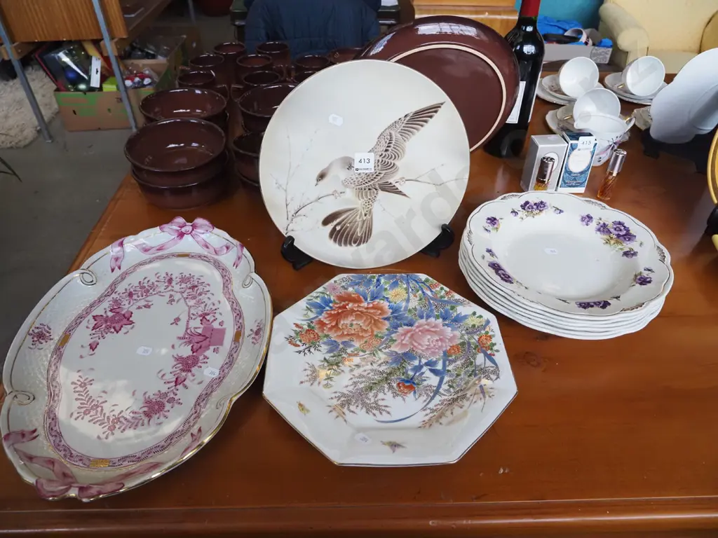 Woods and Sons blue violet soup bowls, ashet, 2x cabinet plates Image 1++