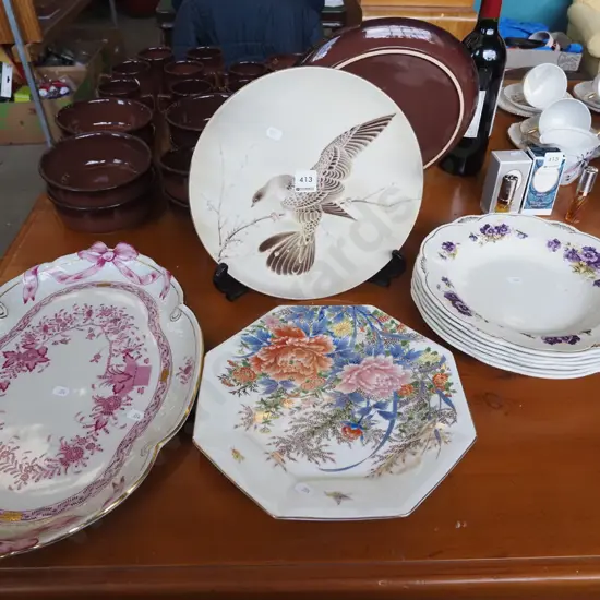 Woods and Sons blue violet soup bowls, ashet, 2x cabinet plates