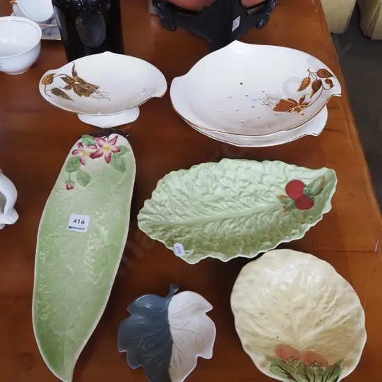 Royal Winton white and gold comport, straining dish, 4x leaf dishes