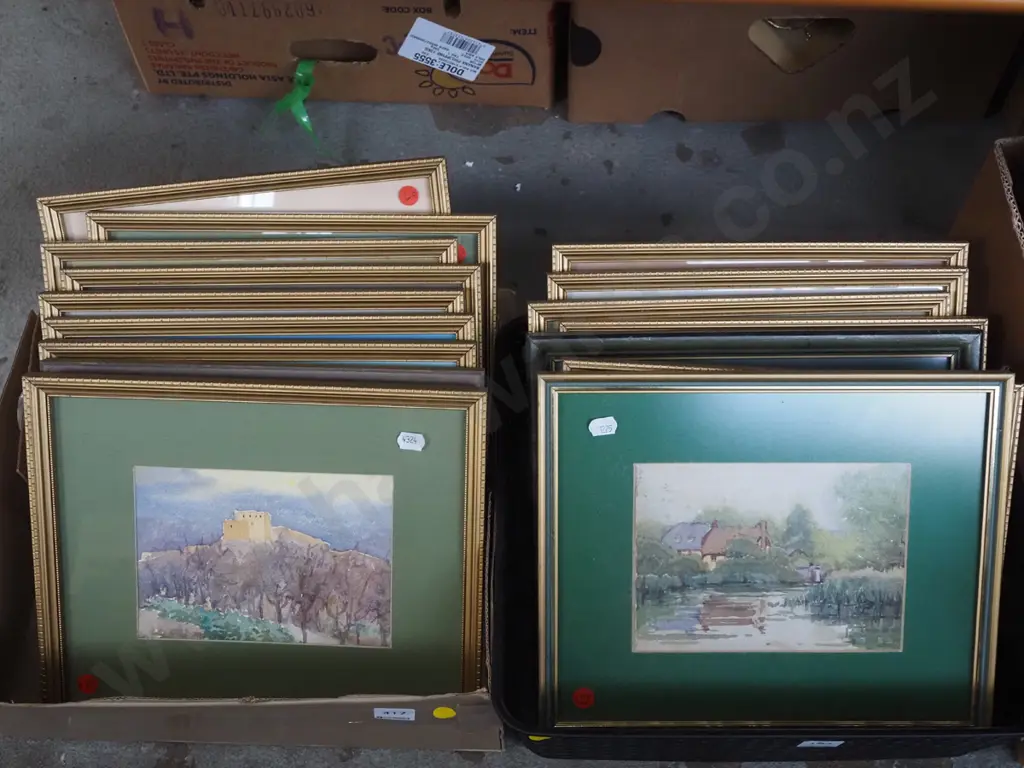 box and crate of numerous framed watercolours - foxing, need reframing Image 1++