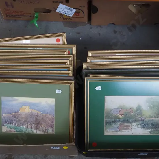 box and crate of numerous framed watercolours - foxing, need reframing