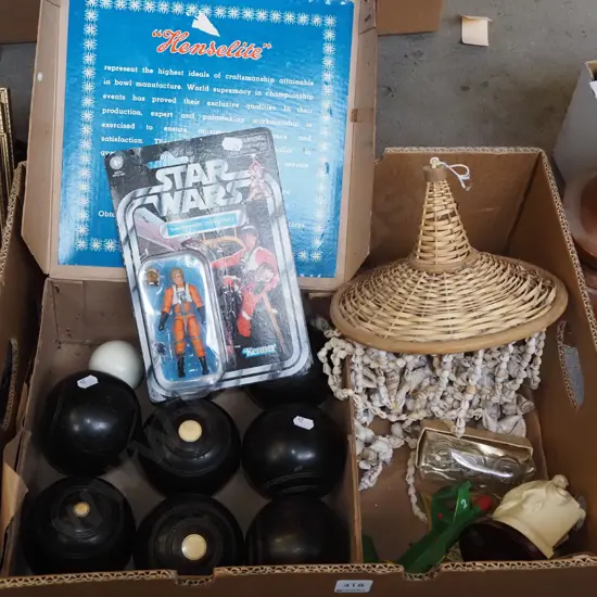 indoor bowls, carded reproduction Luke Skywalker doll, tiki corks etc