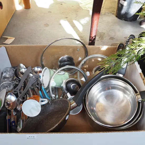 box; pots, cutlery, cups etc