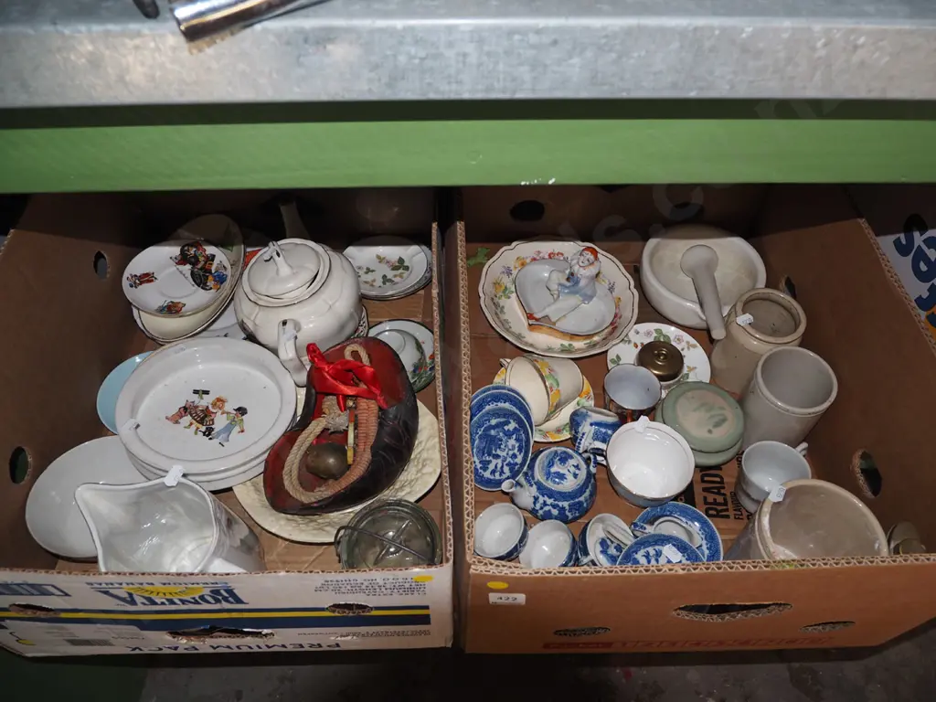 2x boxes; teapot, babies bowls, mini teaset etc - yellow dots Image 1++