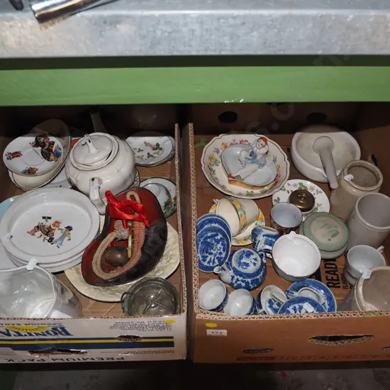 2x boxes; teapot, babies bowls, mini teaset etc - yellow dots