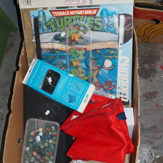 box; board games, marbles, KFC chiller bag etc