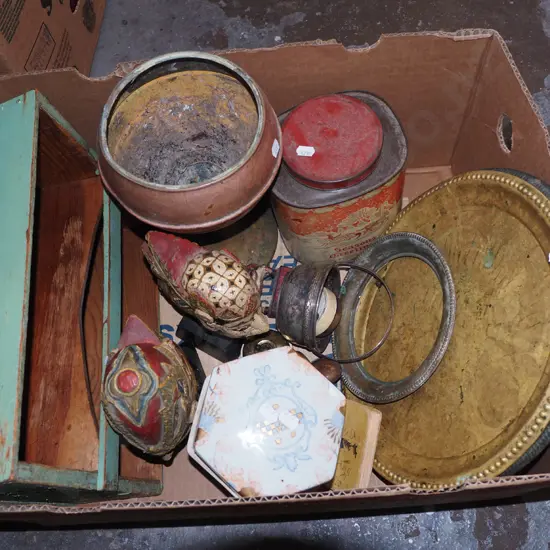 box; wooden cutlery tray, vintage tins, tray etc