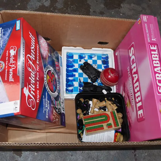 box; board games, chess, cricket ball etc