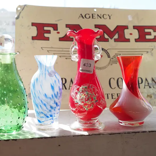 stoppered bottle, 3x glass vases Tallest H180