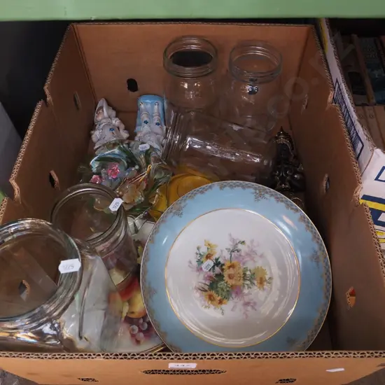 box; glass jars, figurines,plates etc