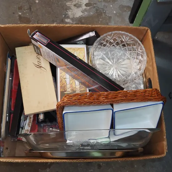 box; cribbage board, cut crystal bowl, candlesticks etc