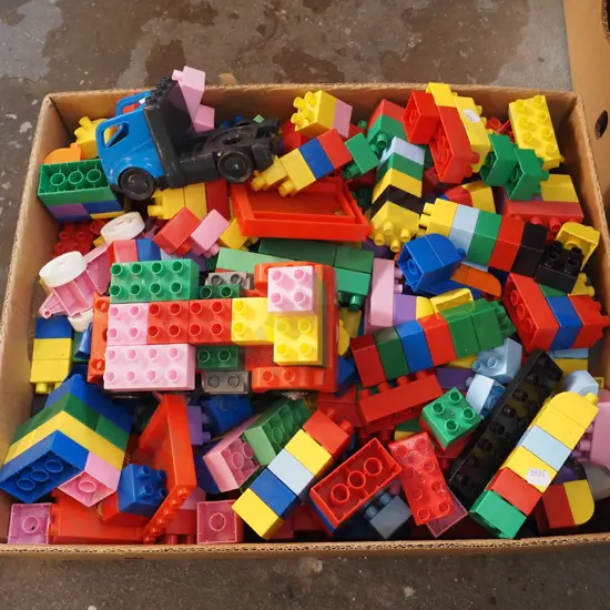box; various Duplo blocks