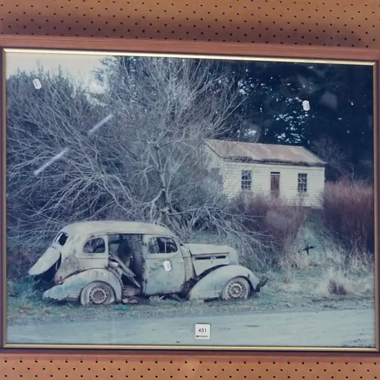 framed photographic print - abandoned car and house