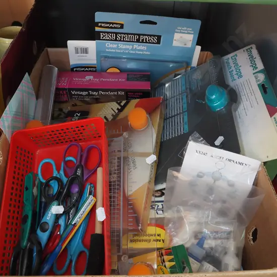 box; crafters scissors, stamps, envelope punch board etc