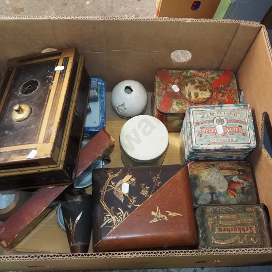 box; vintage tins, Asian dishes, lacquer box etc