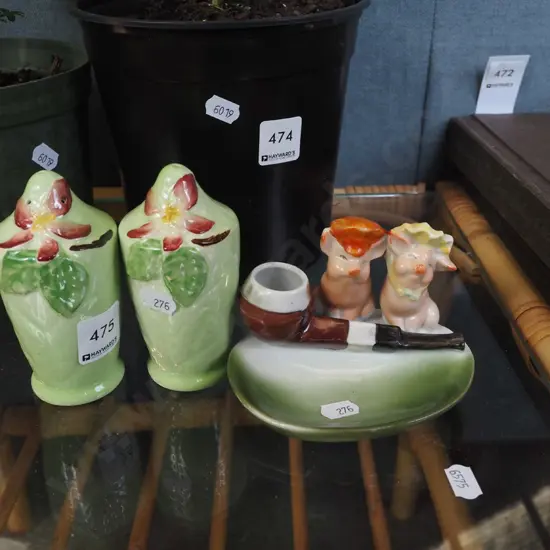 Carlton ware salt and peppers, pipe rest