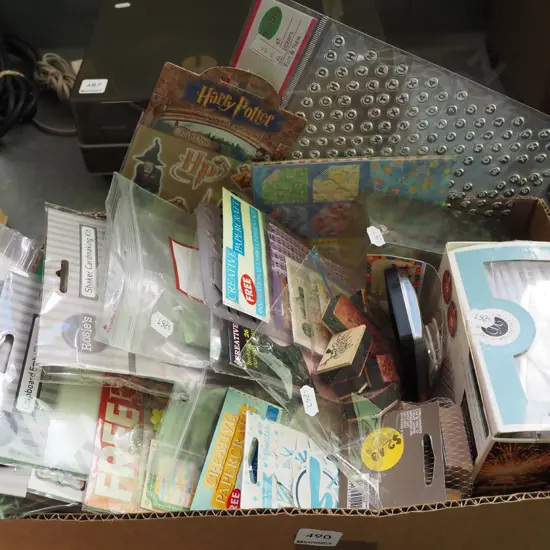 box; crafters supplies, stamps, envelopes etc