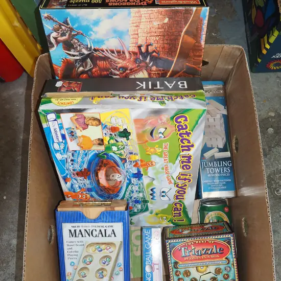 box; various games and puzzles