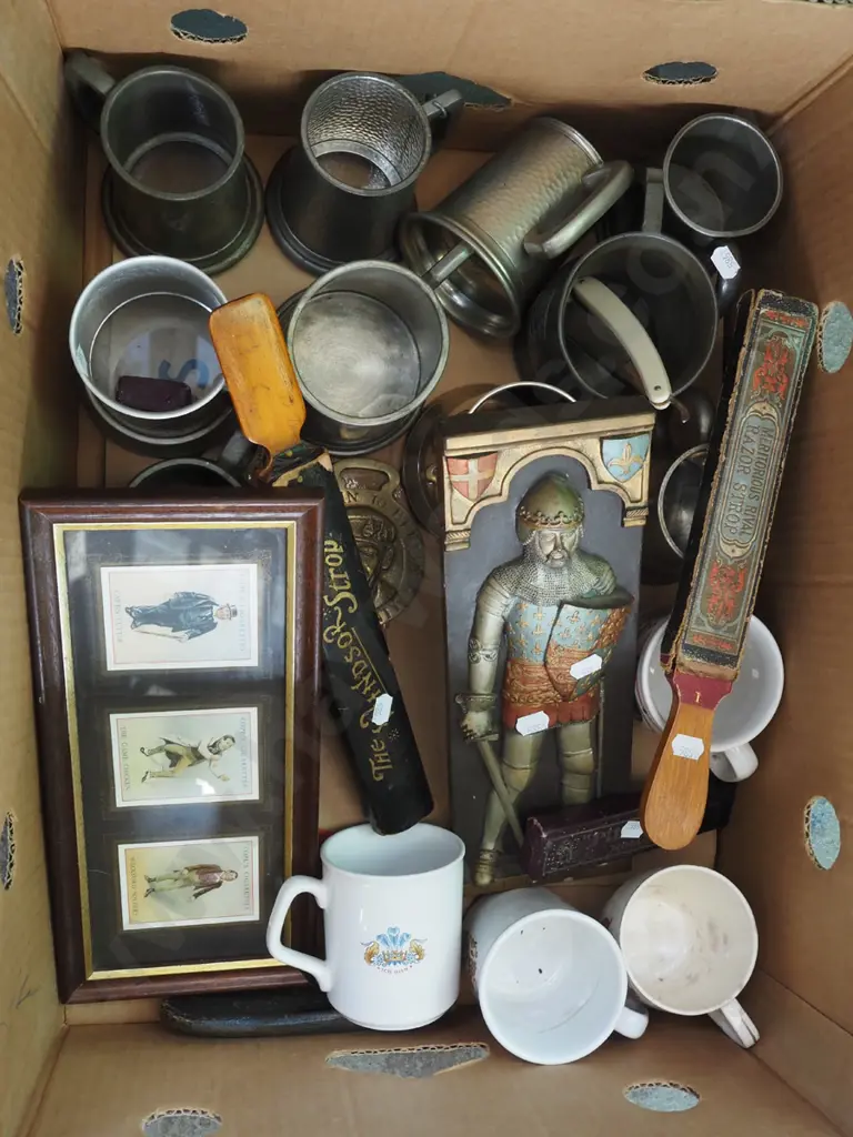 box; beer tankards, coffee cups, razor strops, straight razor etc Image 1++