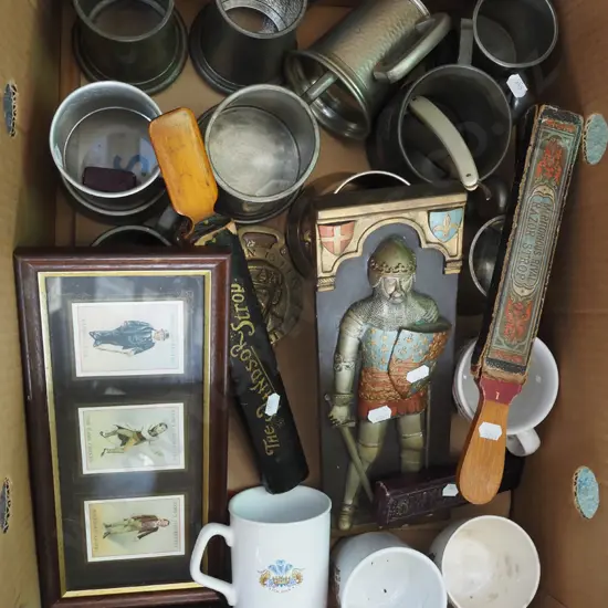 box; beer tankards, coffee cups, razor strops, straight razor etc