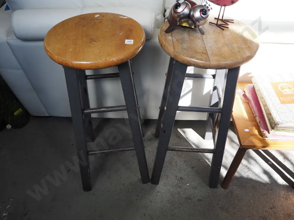 pair of wooden stools - varnish needs attention Image 1++