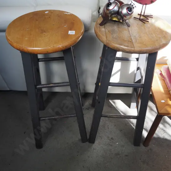 pair of wooden stools - varnish needs attention