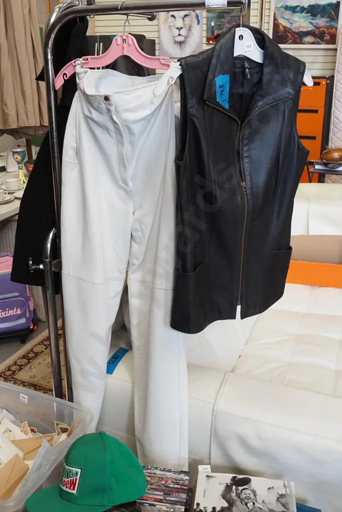pair of white leather size 10 pants, black leather vest Image 1++