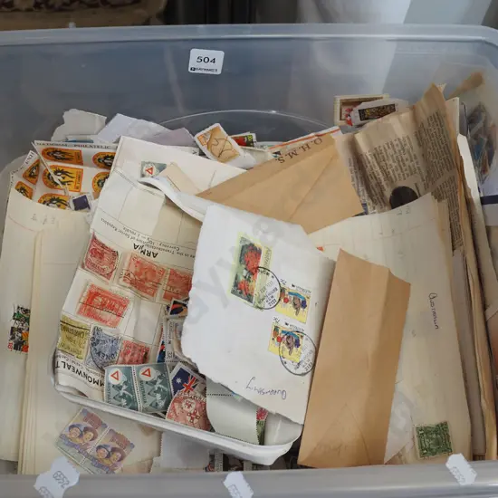 plastic tub of stamps