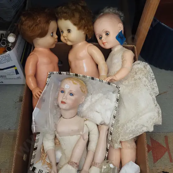 box; various dolls- some damage