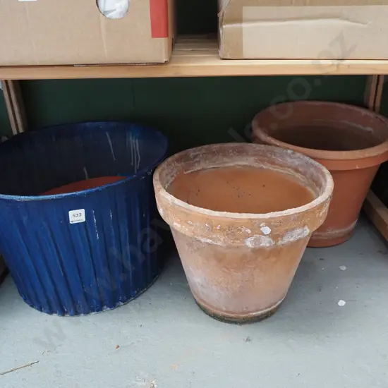 garden planters - terracotta and plastic, drip trays
