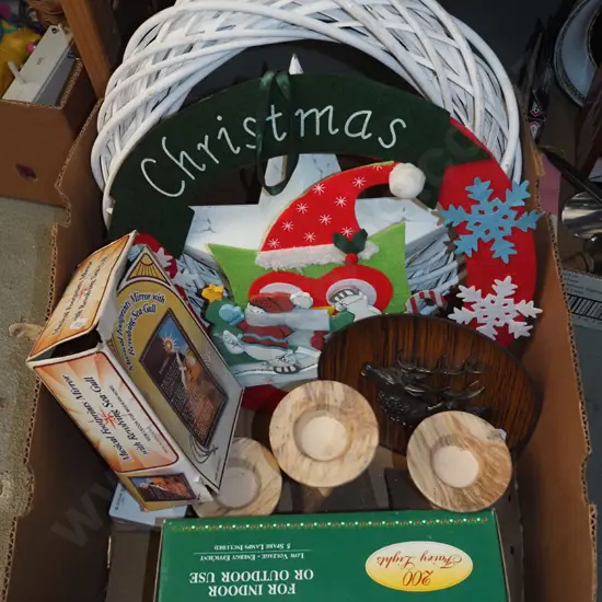 box; Xmas decorations, foot print mirror etc