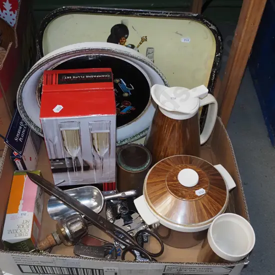 box; champagne flutes, trays, ice bucket etc