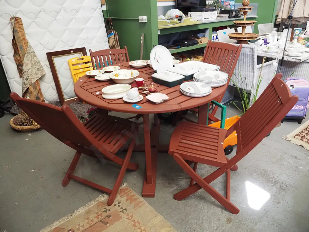 painted hardwood outdoor circular patio  table - 4 chairs - 1 needs new bolt Image 1++