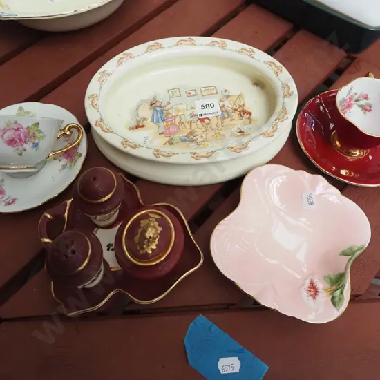 bunnykins bowl, cups, saucers, Royal Winton plate, Wade condiment set