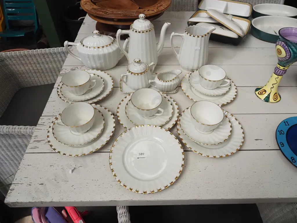 white and gold tea and coffee service - with tea pot, coffee pot, cups, saucers etc Image 1++