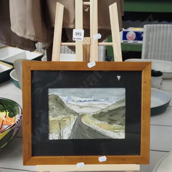 L.J Hamel - framed watercolour - Road to Arthurs Pass, wooden easel