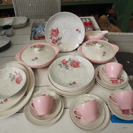Meakin pink rose dinner items, trios, lidded veges etc