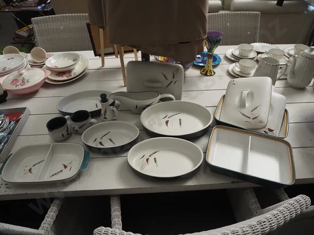 Denby green wheat dinner items;baking dishes, creamers, 2 additional lids, 1 dish has crack Image 1++