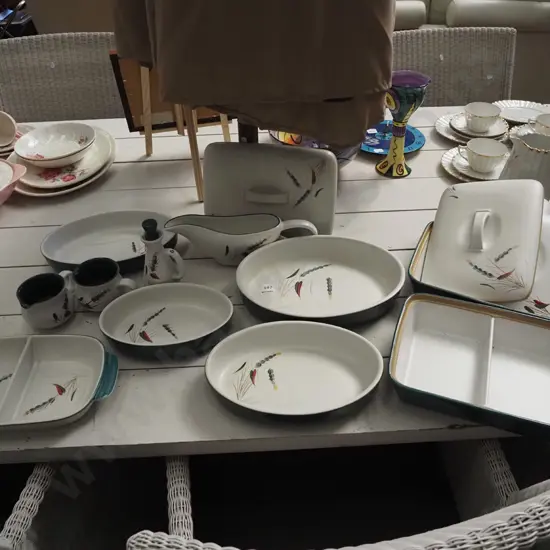 Denby green wheat dinner items;baking dishes, creamers, 2 additional lids, 1 dish has crack