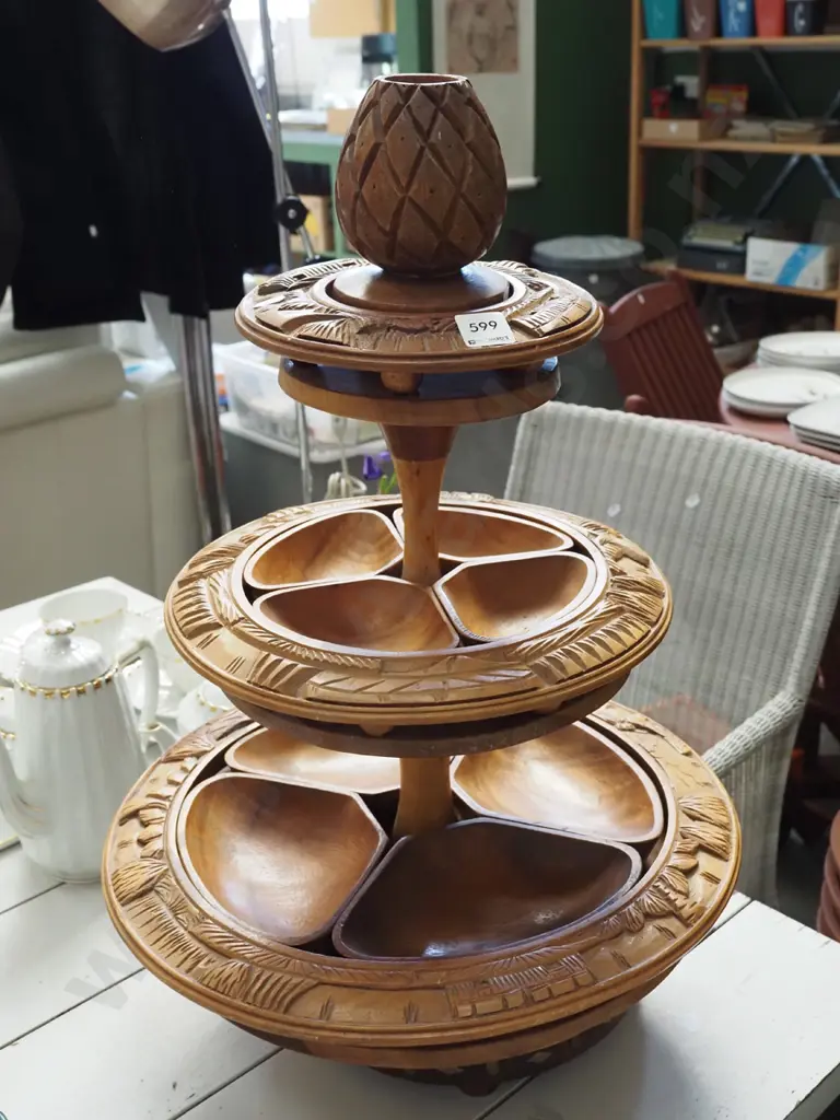 heavily carved Filipino 3 tier rotating wooden serving stand H630 Image 1++