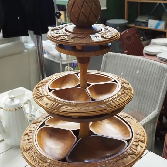 heavily carved Filipino 3 tier rotating wooden serving stand H630